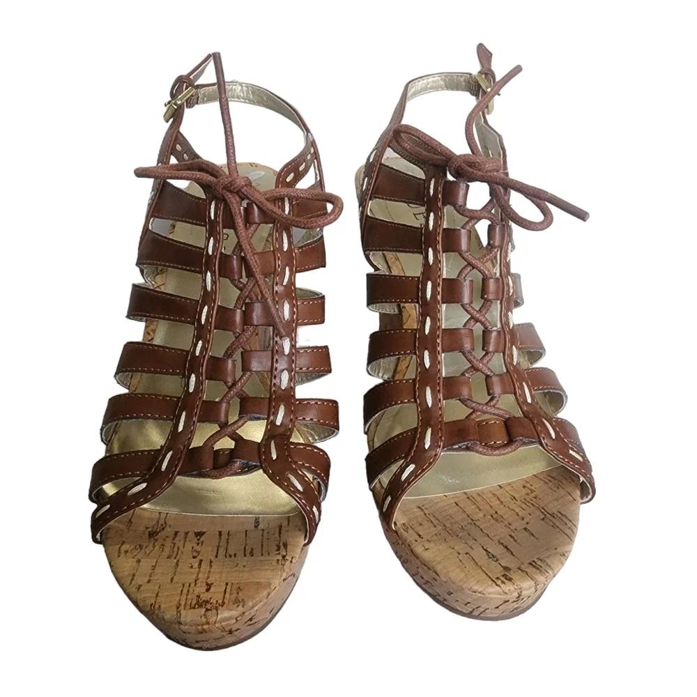 Guess Brown Gladiator Lace Up Cut Out Slingback Platform Wedge Heels size 7.5